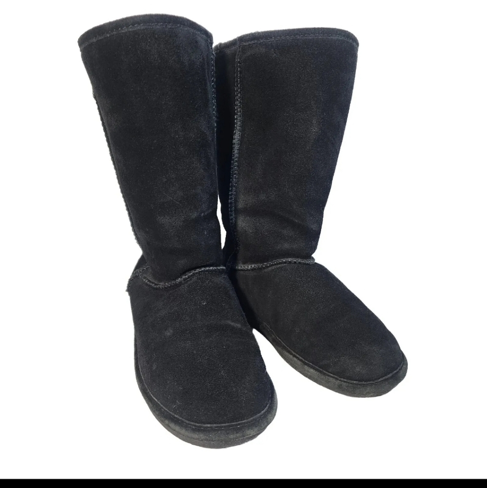 Bearpaw 612W Emma Tall Size 7 Black Women's Winter Suede Boots Sheepskin Wool